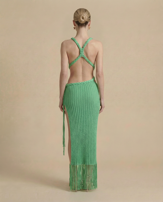 Green Fringe Maxi Dress | Ribbed Knit Backless Halter Dress with Cut-Out Detail