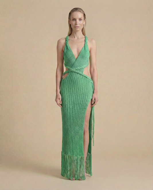 Green Fringe Maxi Dress | Ribbed Knit Backless Halter Dress with Cut-Out Detail